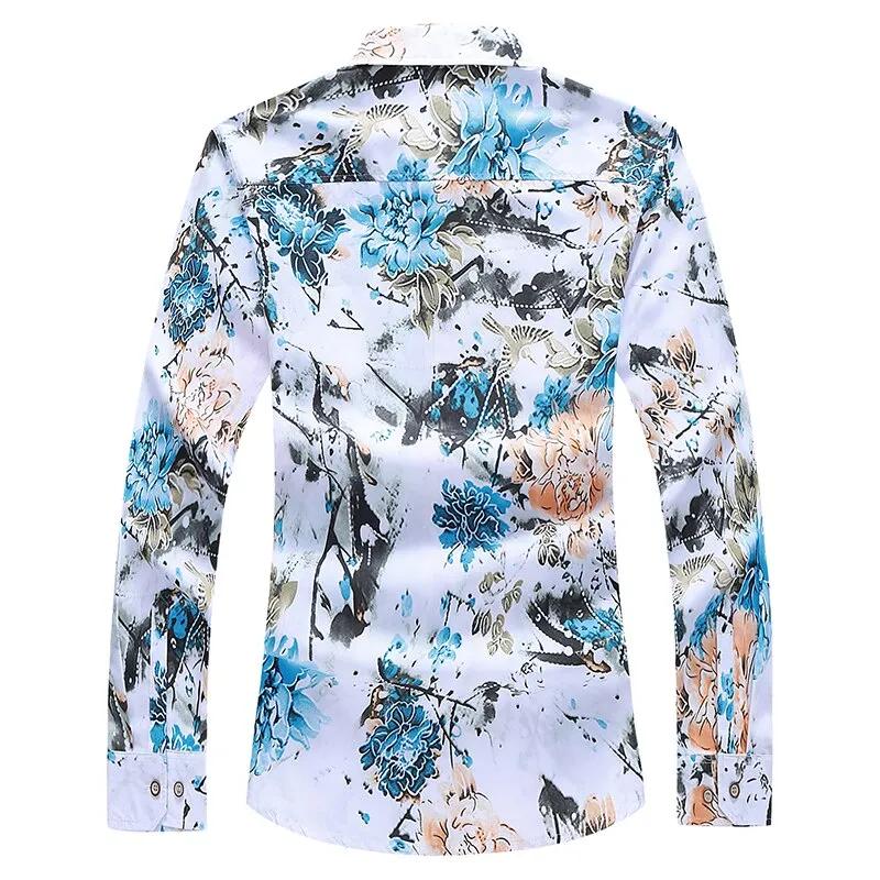 Men's Flower Printed Turn-Down Collar Casual Long Sleeve Slim Shirt