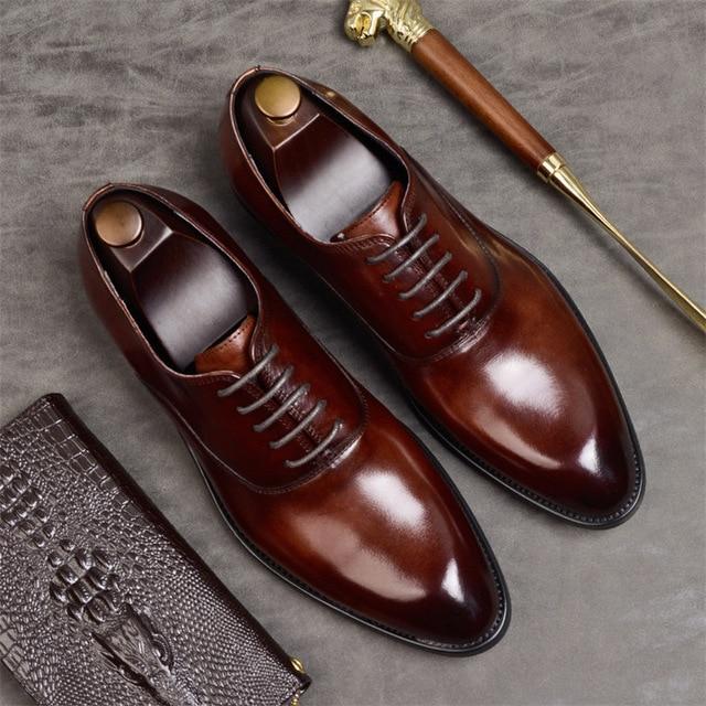 Men's Genuine Leather Lace-up Oxford Dress Shoes with Pointed toe