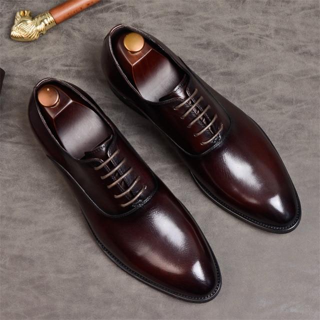 Men's Genuine Leather Lace-up Oxford Dress Shoes with Pointed toe