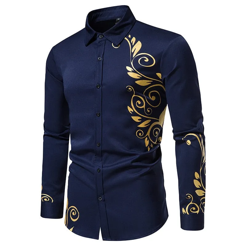 Men's Stamping Printed Pattern Button Down Slim Fit Long Sleeve Shirt