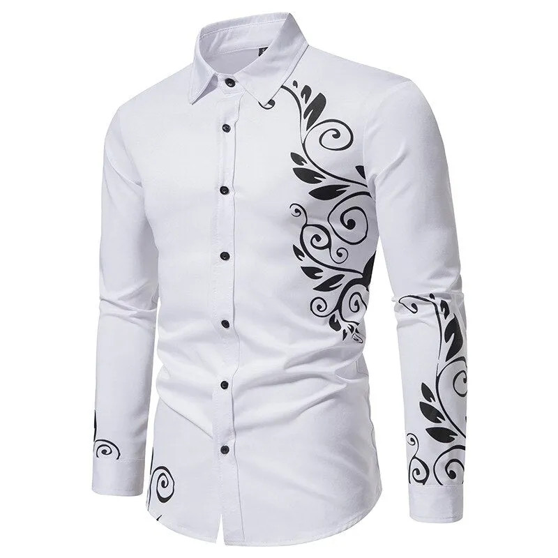 Men's Stamping Printed Pattern Button Down Slim Fit Long Sleeve Shirt