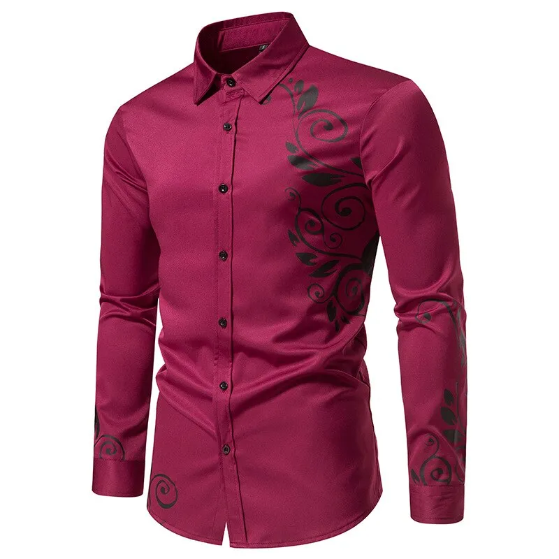 Men's Stamping Printed Pattern Button Down Slim Fit Long Sleeve Shirt