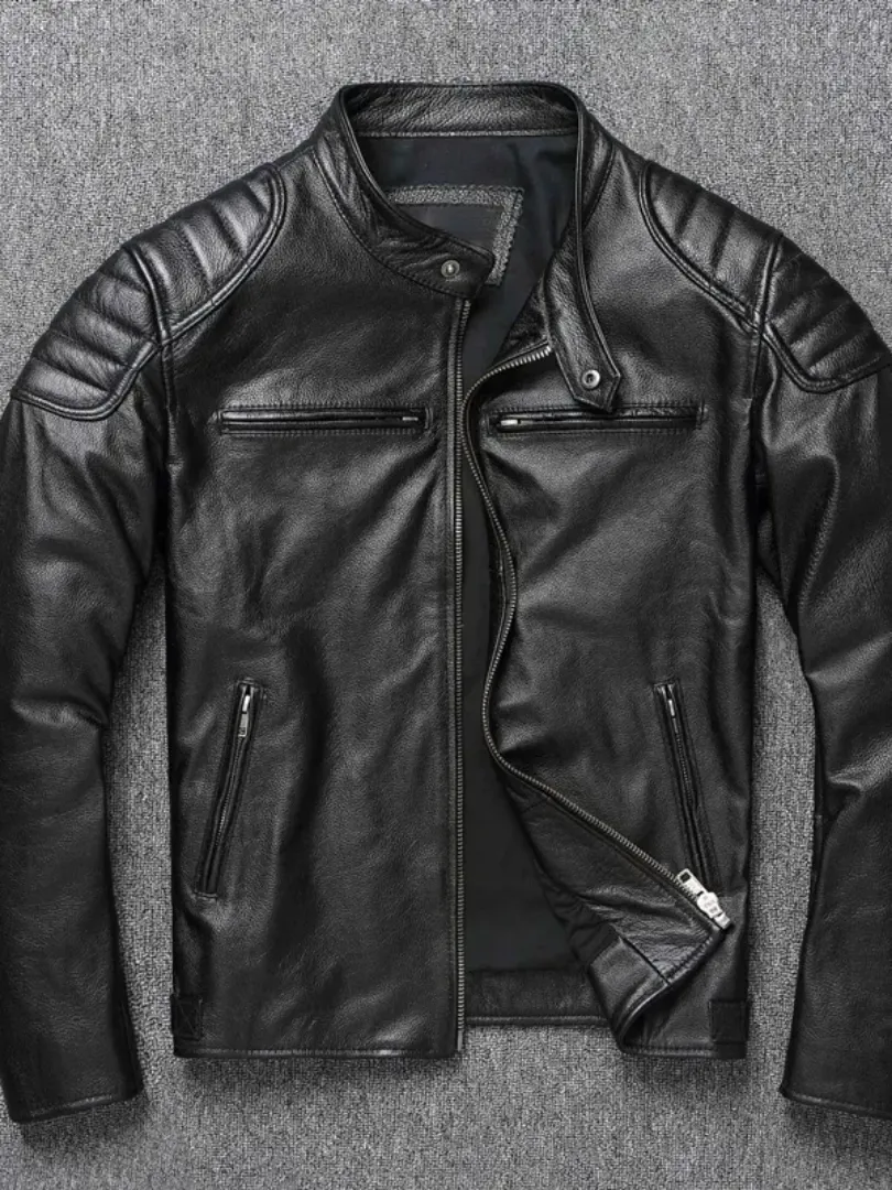 Mens Vintage Real Cowhide Genuine Leather Jacket Men Motorcycle Coat Mens