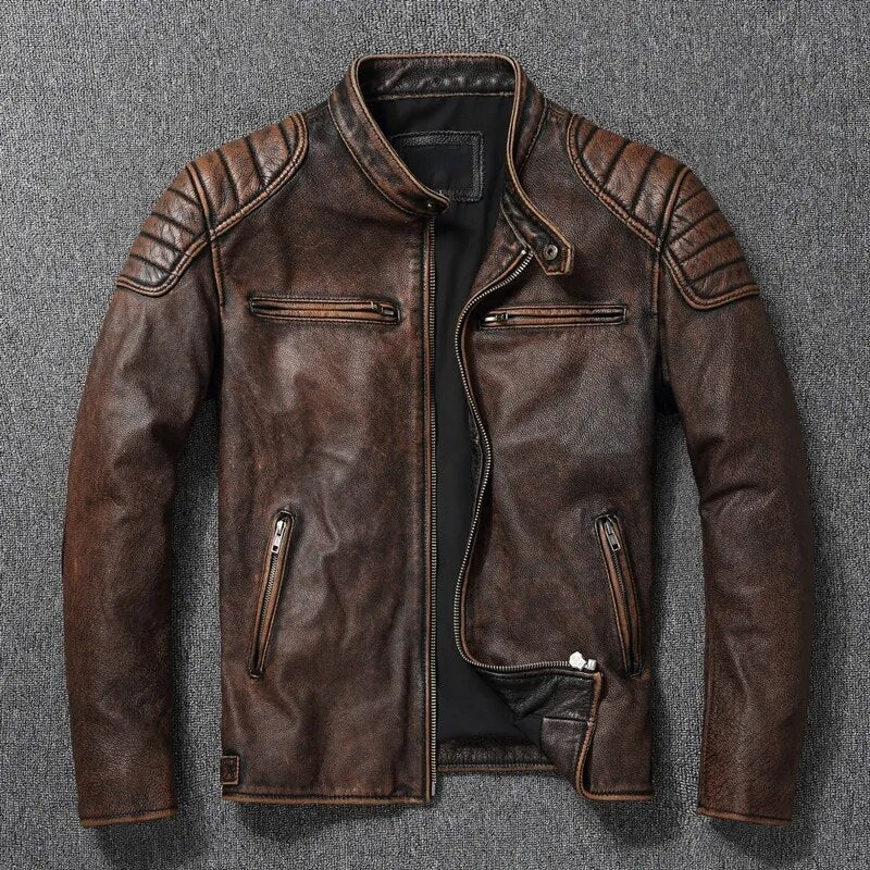 Mens Vintage Real Cowhide Genuine Leather Jacket Men Motorcycle Coat Mens