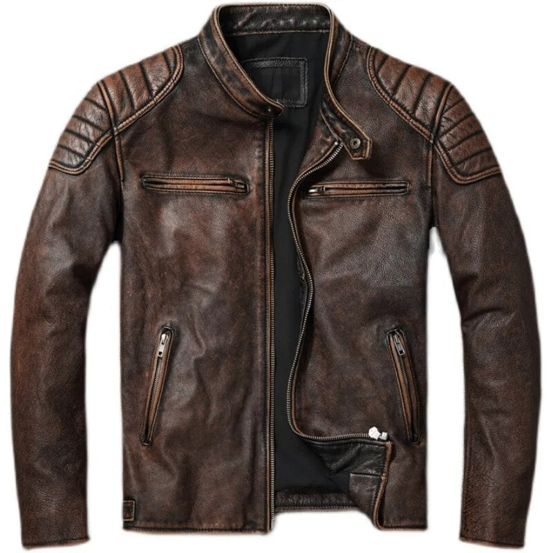 Mens Vintage Real Cowhide Genuine Leather Jacket Men Motorcycle Coat Mens