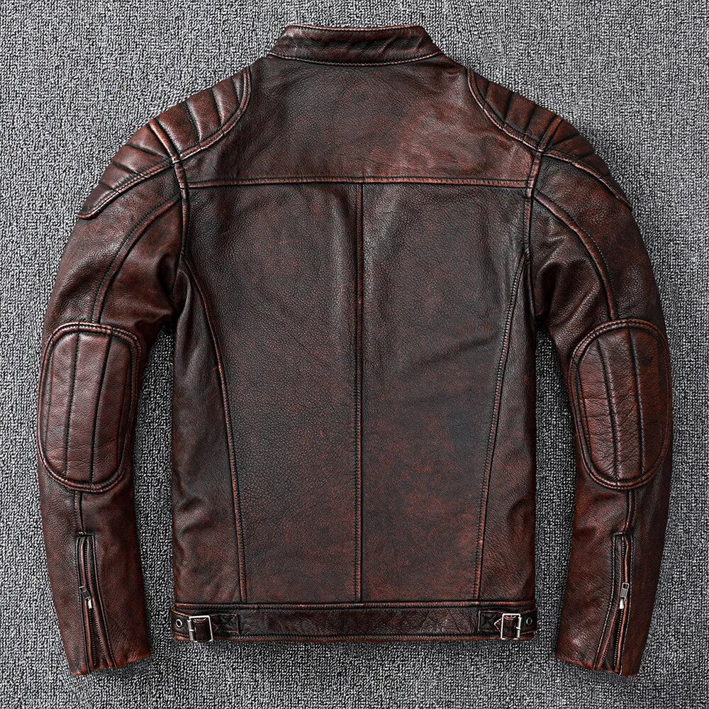 Mens Vintage Real Cowhide Genuine Leather Jacket Men Motorcycle Coat Mens