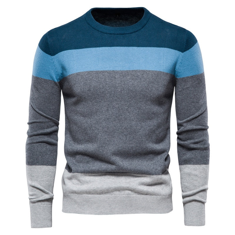 Men's Winter Cotton Flat Knitted Standard Wool O-neck Striped Pullover