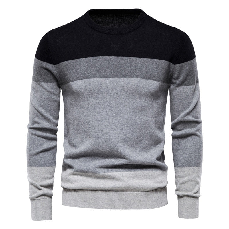 Men's Winter Cotton Flat Knitted Standard Wool O-neck Striped Pullover