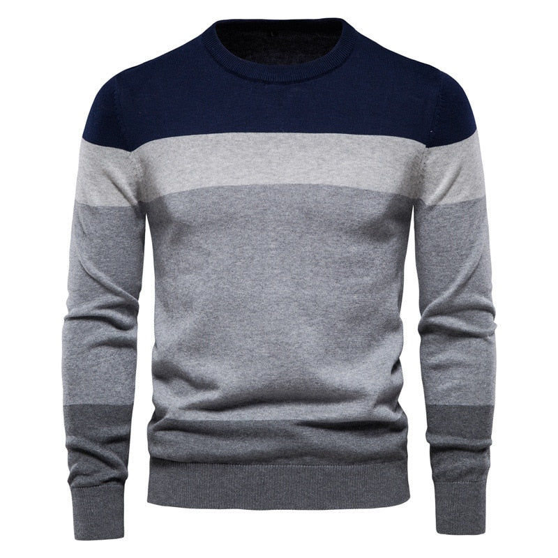 Men's Winter Cotton Flat Knitted Standard Wool O-neck Striped Pullover