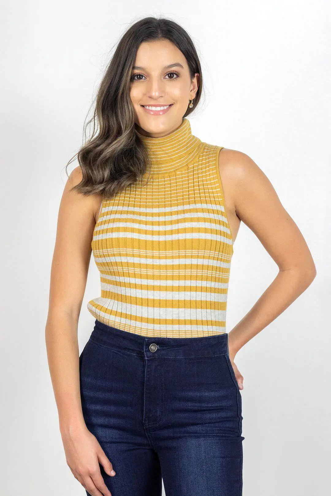 Mustard/Grey Striped Turtle Neck Sleeveless Top