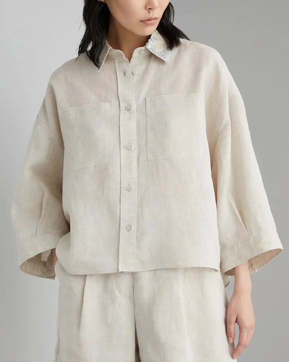 Natural Linen Paillete Collar Crop Blouse