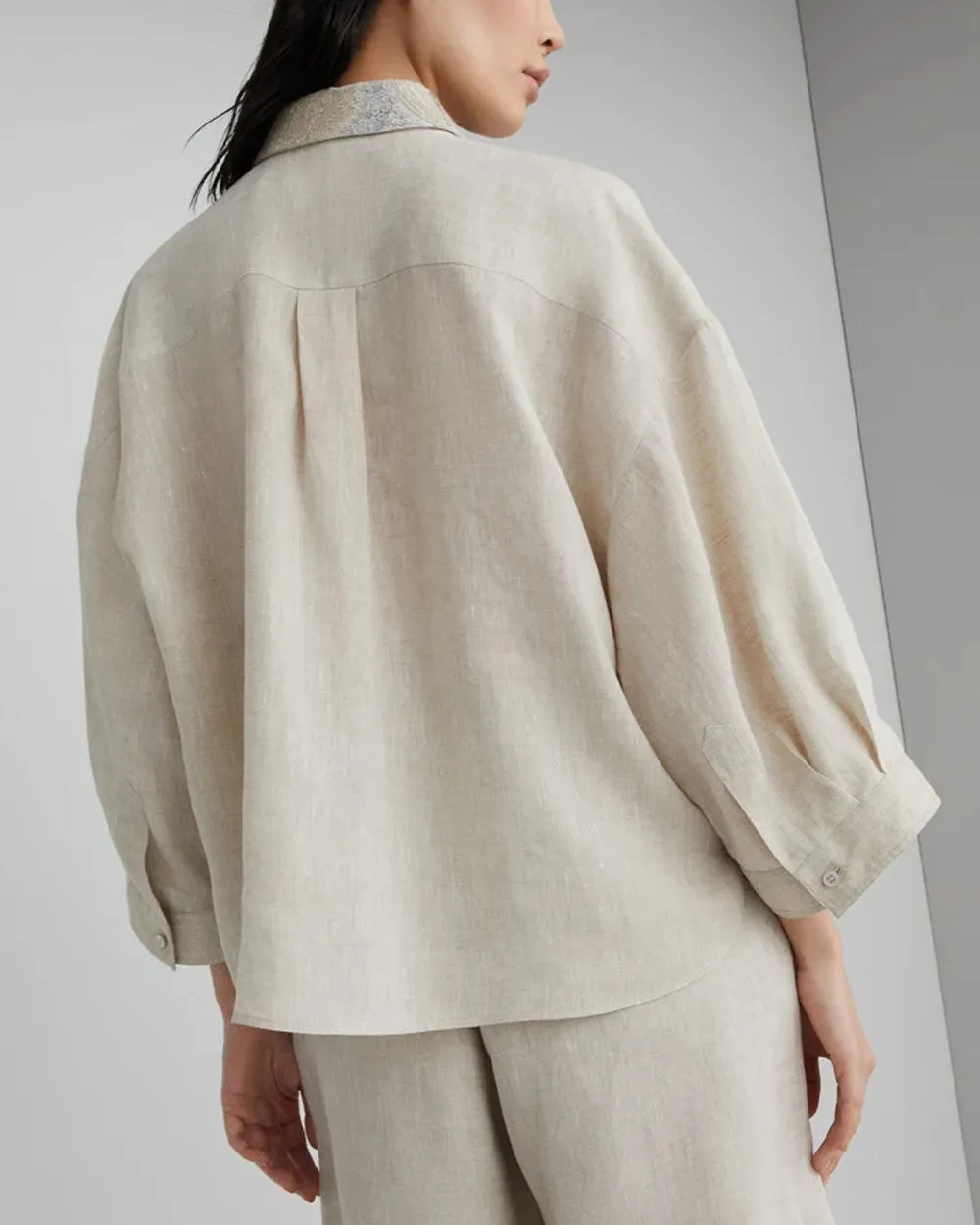 Natural Linen Paillete Collar Crop Blouse