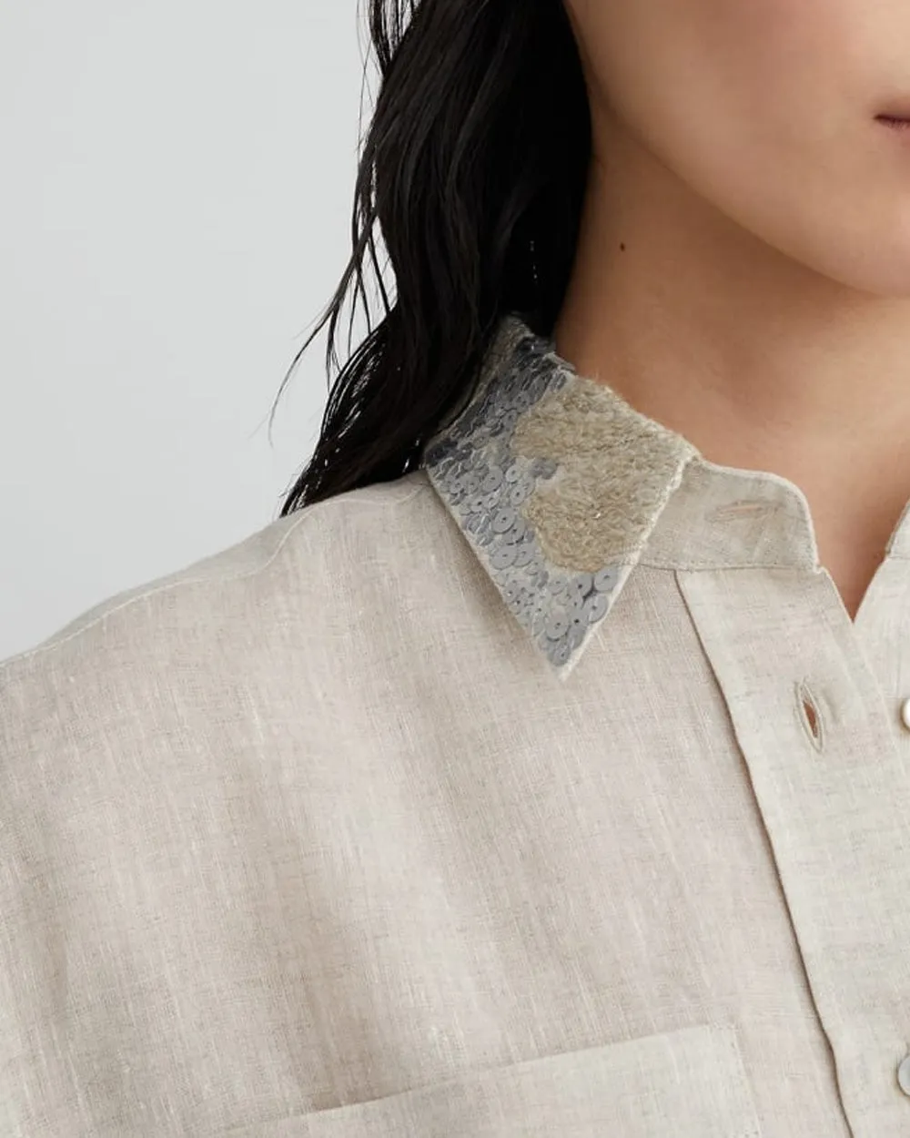 Natural Linen Paillete Collar Crop Blouse