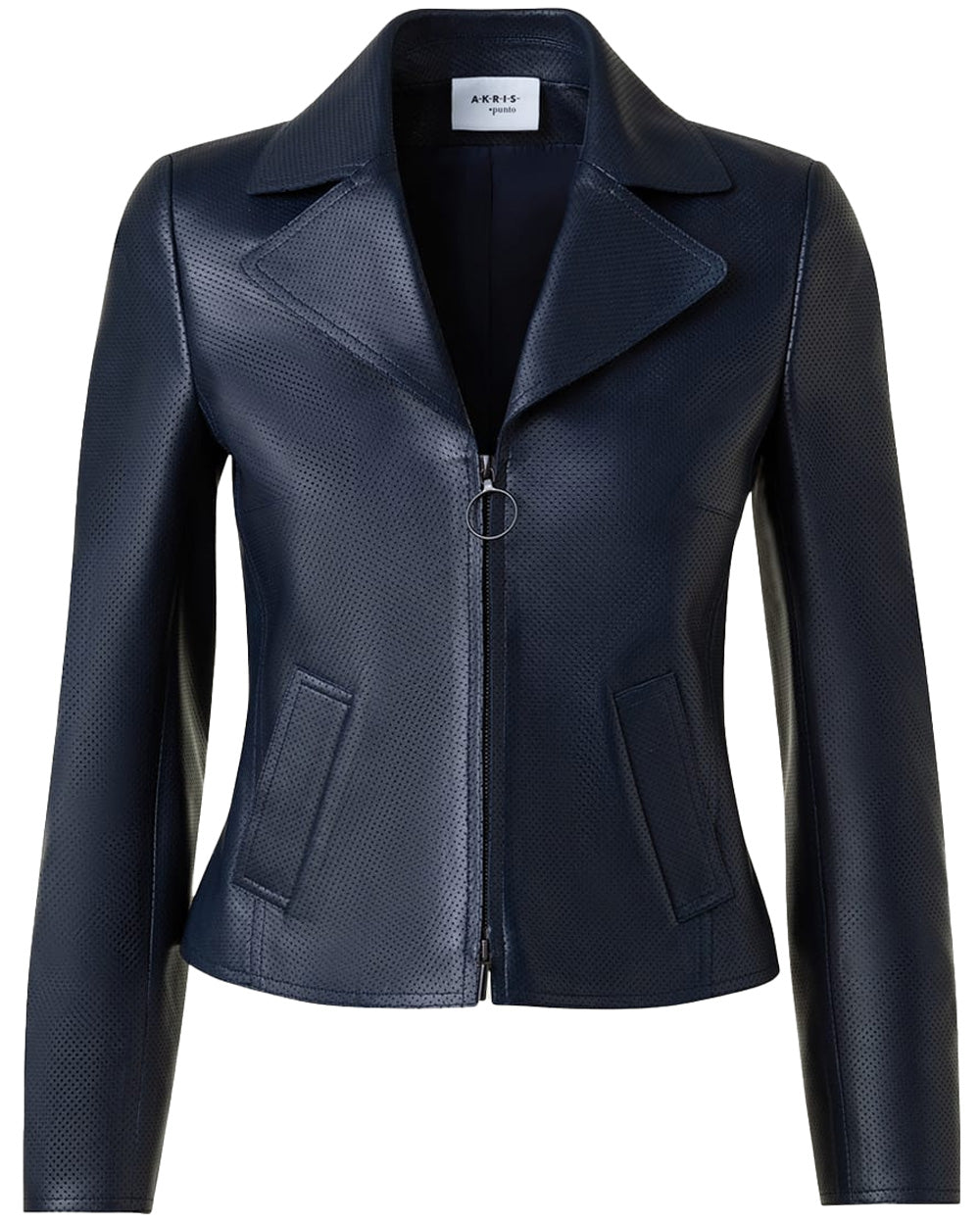 Navy Leather Perforated Pin Dot Biker Jacket