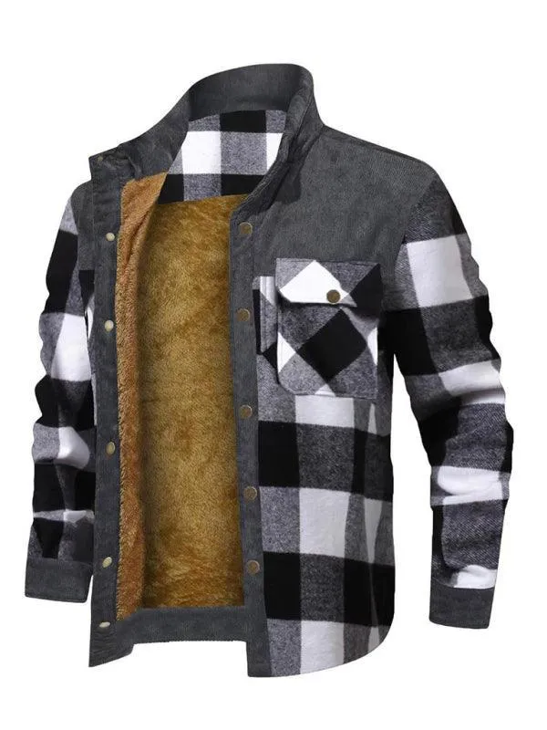 Patchwork Plaid Men Fleece Flannel Shirt