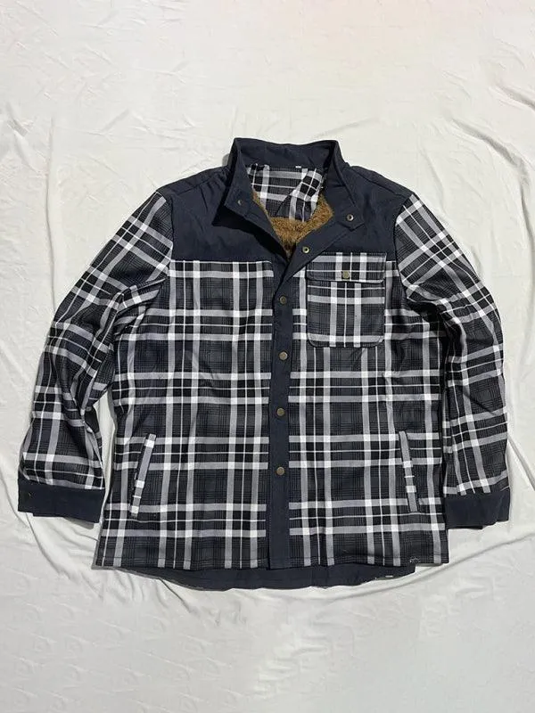 Patchwork Plaid Men Fleece Flannel Shirt