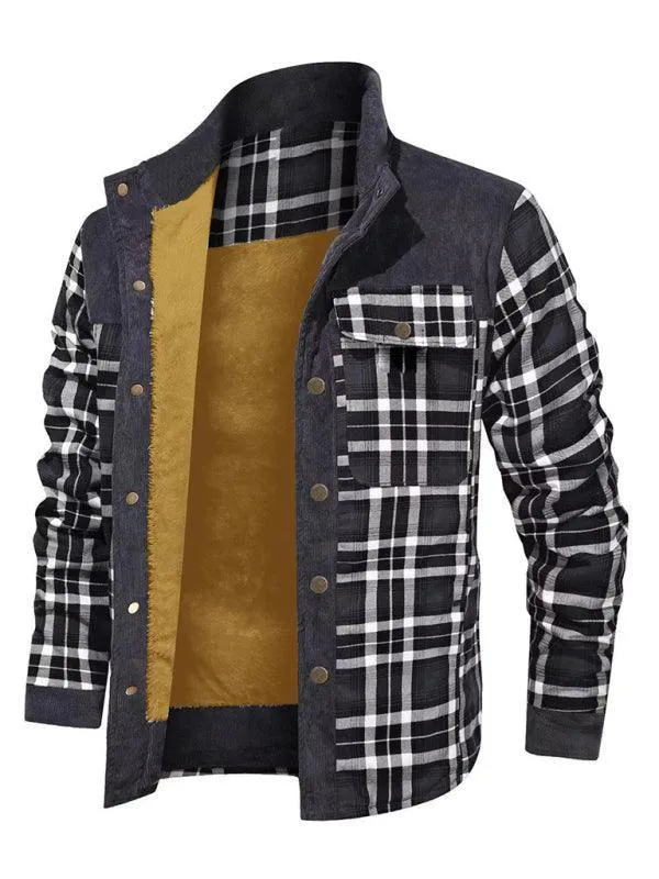 Patchwork Plaid Men Fleece Flannel Shirt