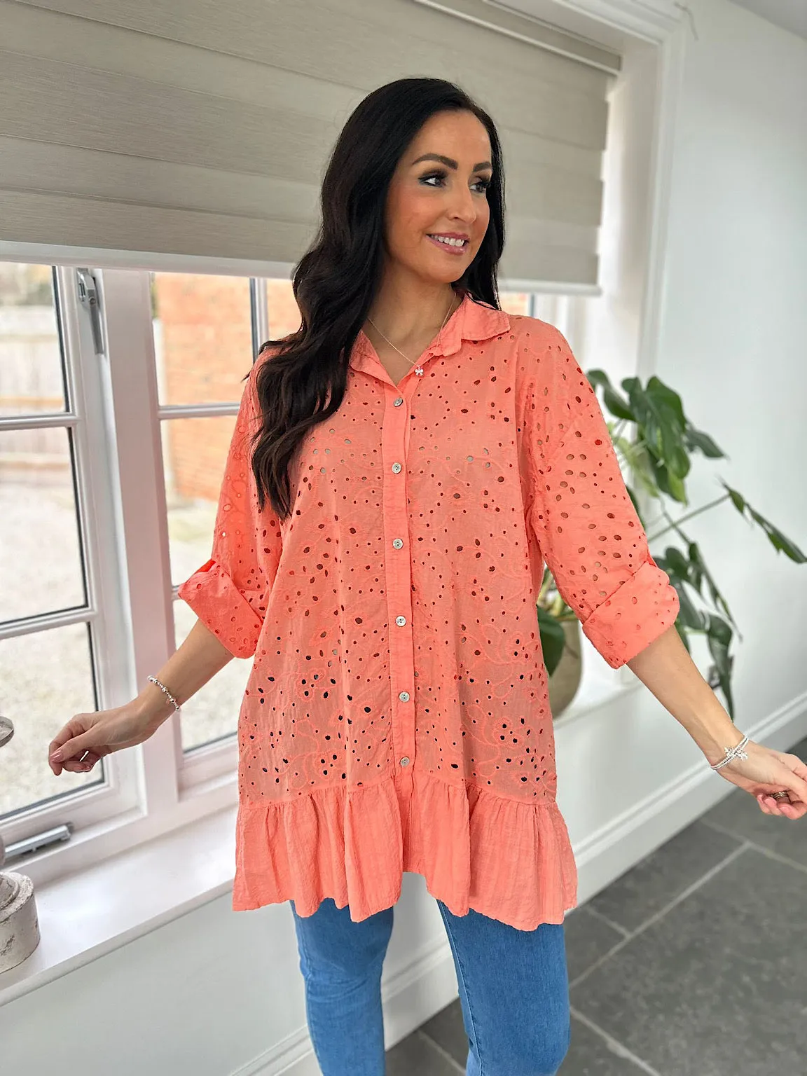 Peach Broderie Anglaise Frill Hem Tunic Devon