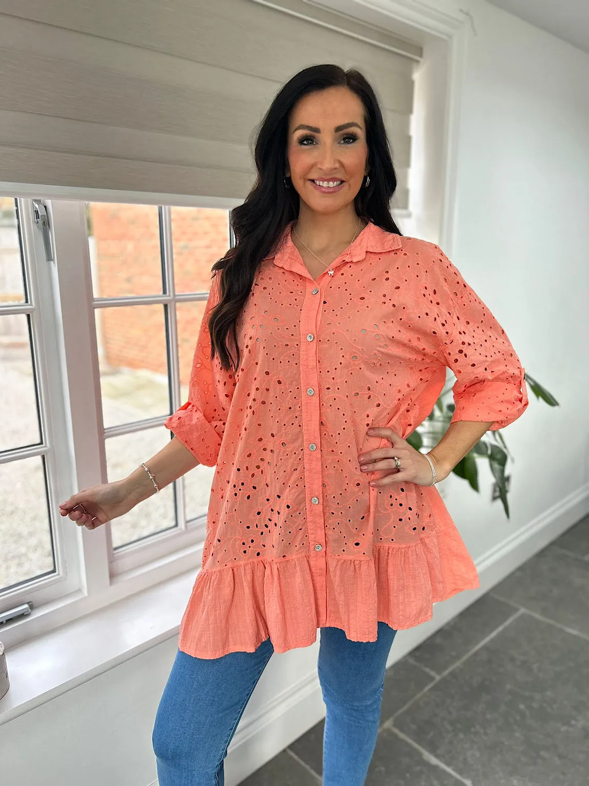 Peach Broderie Anglaise Frill Hem Tunic Devon