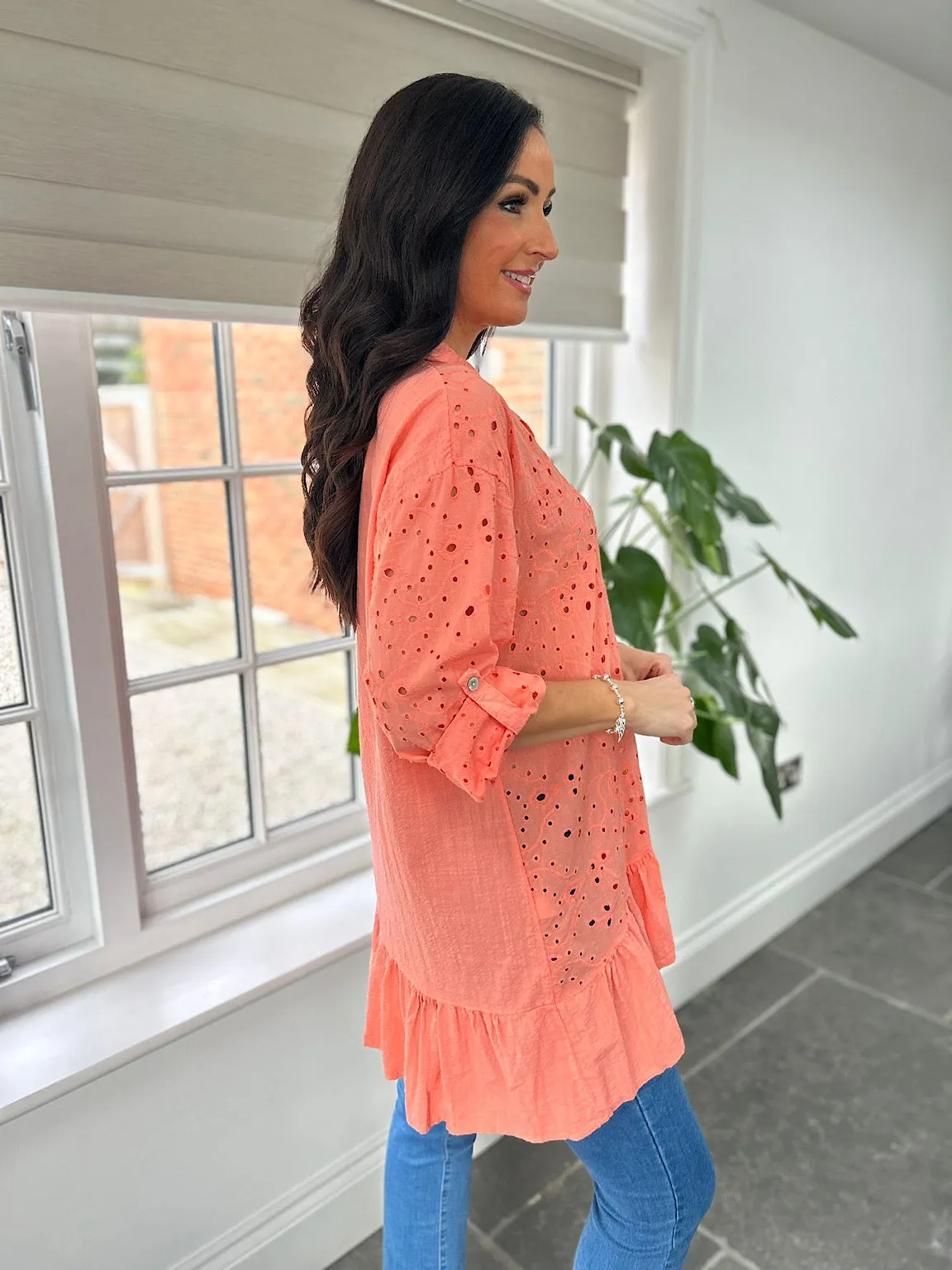 Peach Broderie Anglaise Frill Hem Tunic Devon