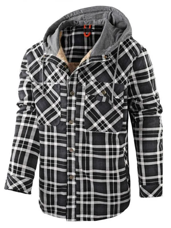 Plaid Fleece Hooded Men Flannel Shirt