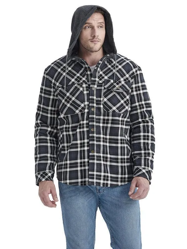 Plaid Fleece Hooded Men Flannel Shirt