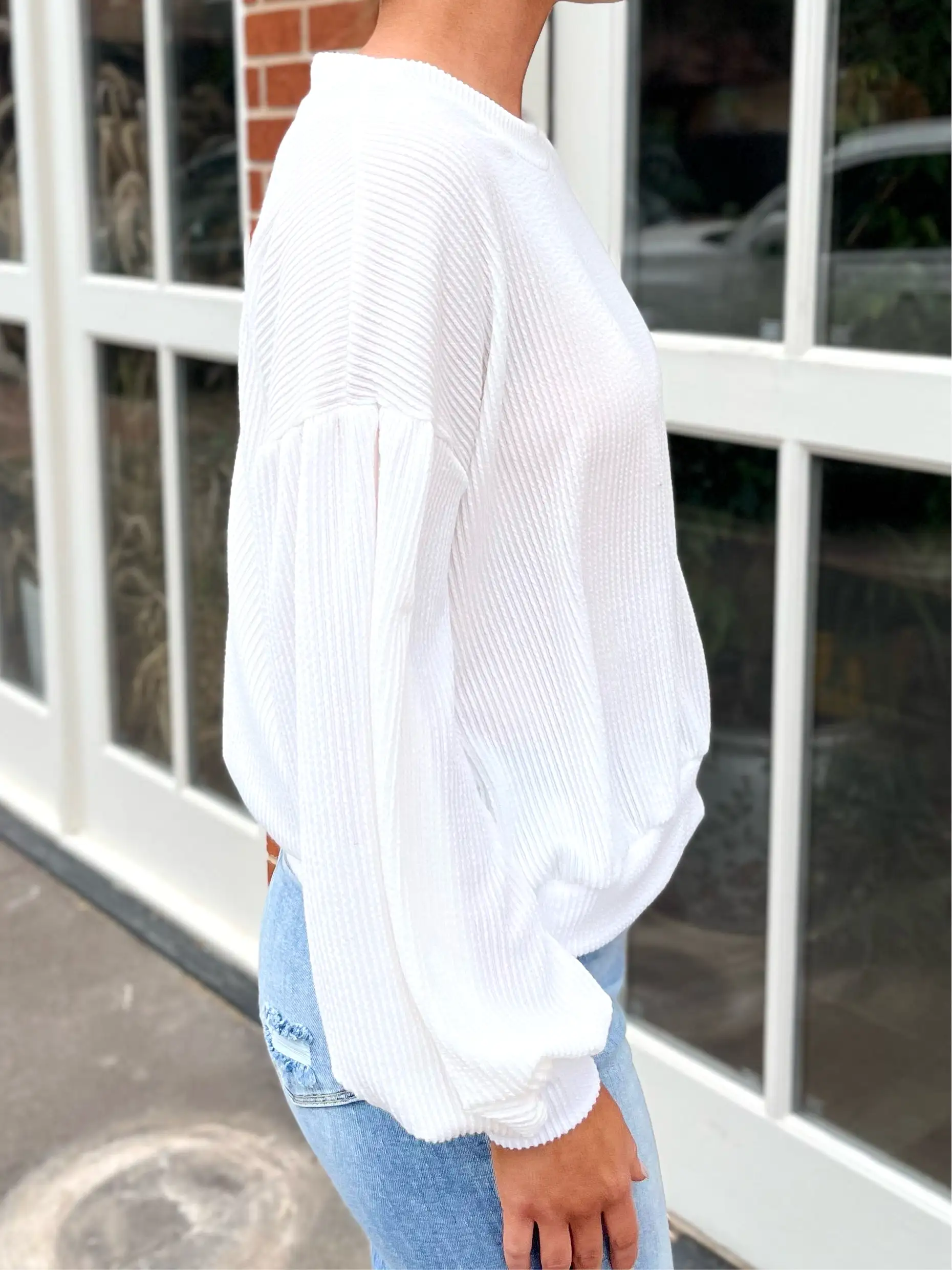 Rib Knit Drop Shoulder Top - Off White