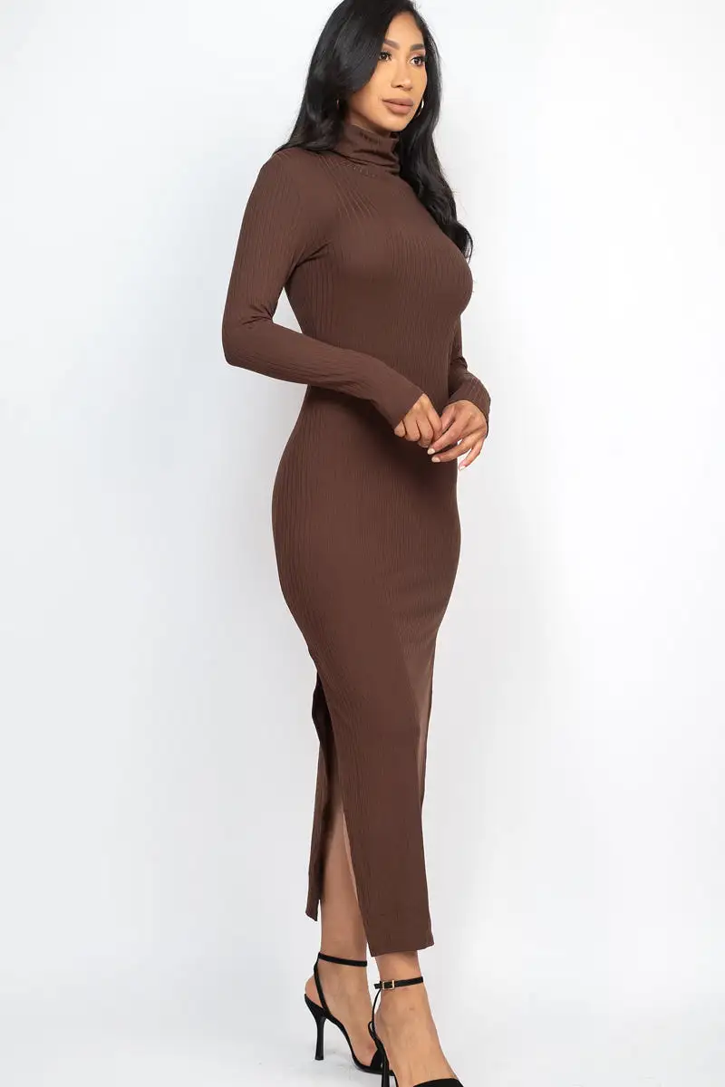 Ribbed Turtle Neck Side Slit Maxi Dress