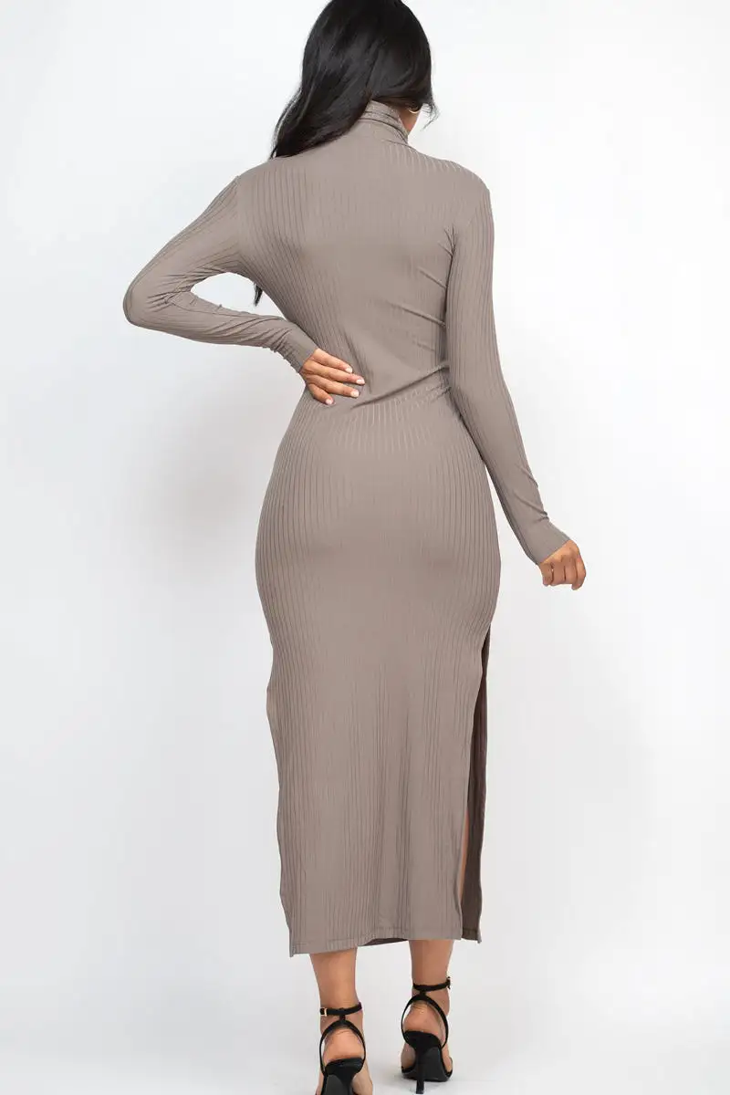 Ribbed Turtle Neck Side Slit Maxi Dress