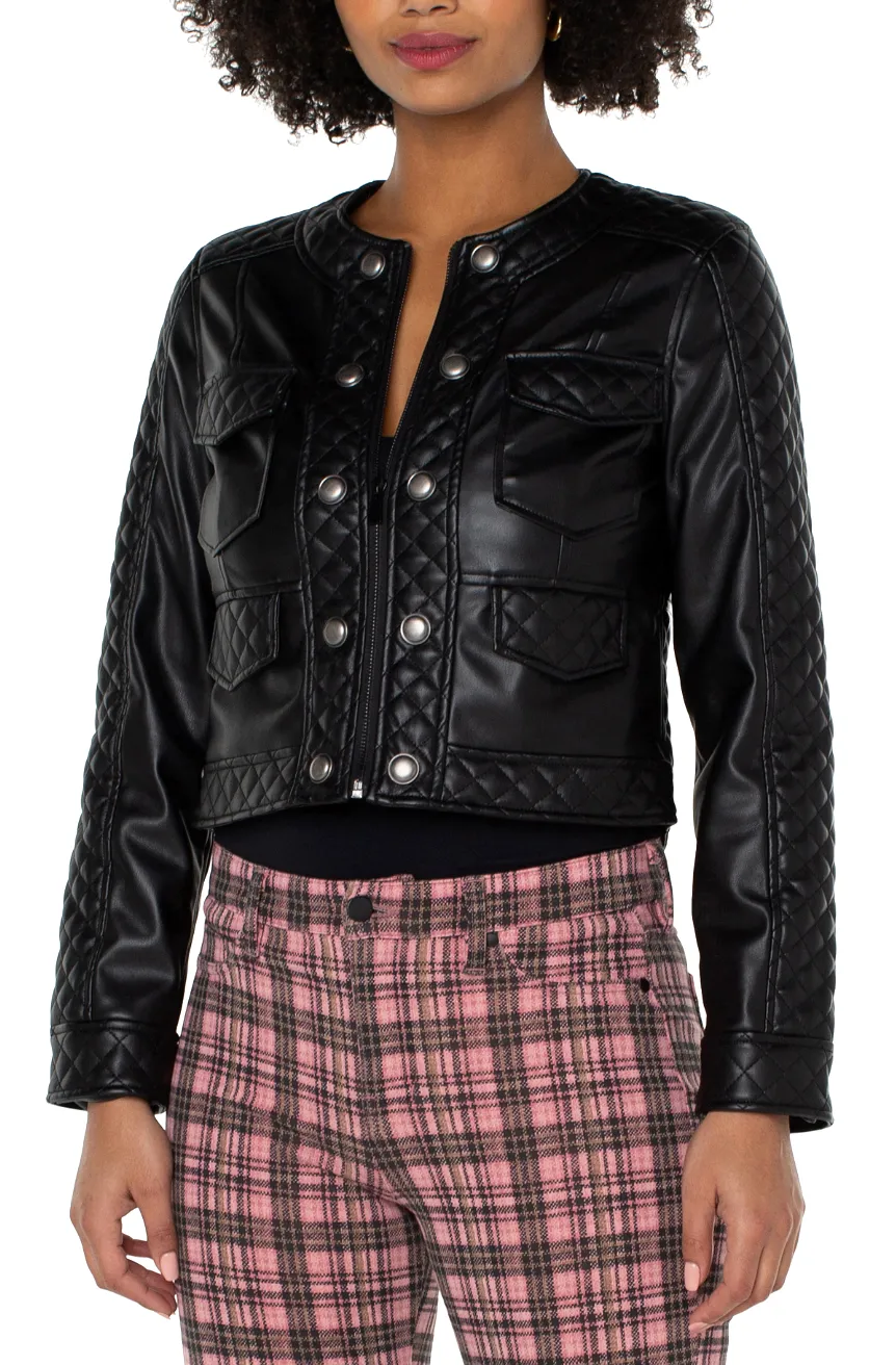 Scoop Neck Black Quilted Zip Jacket