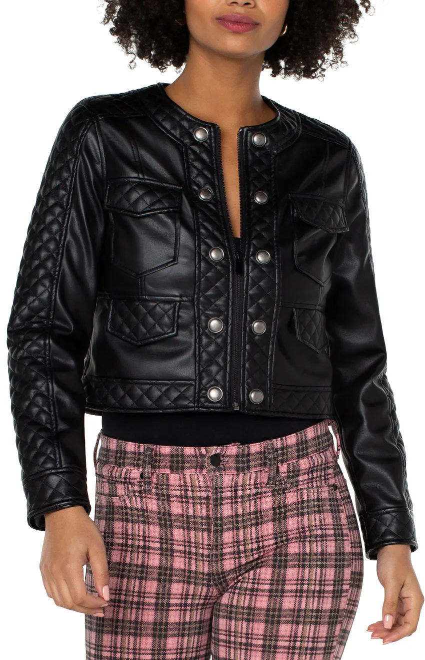 Scoop Neck Black Quilted Zip Jacket