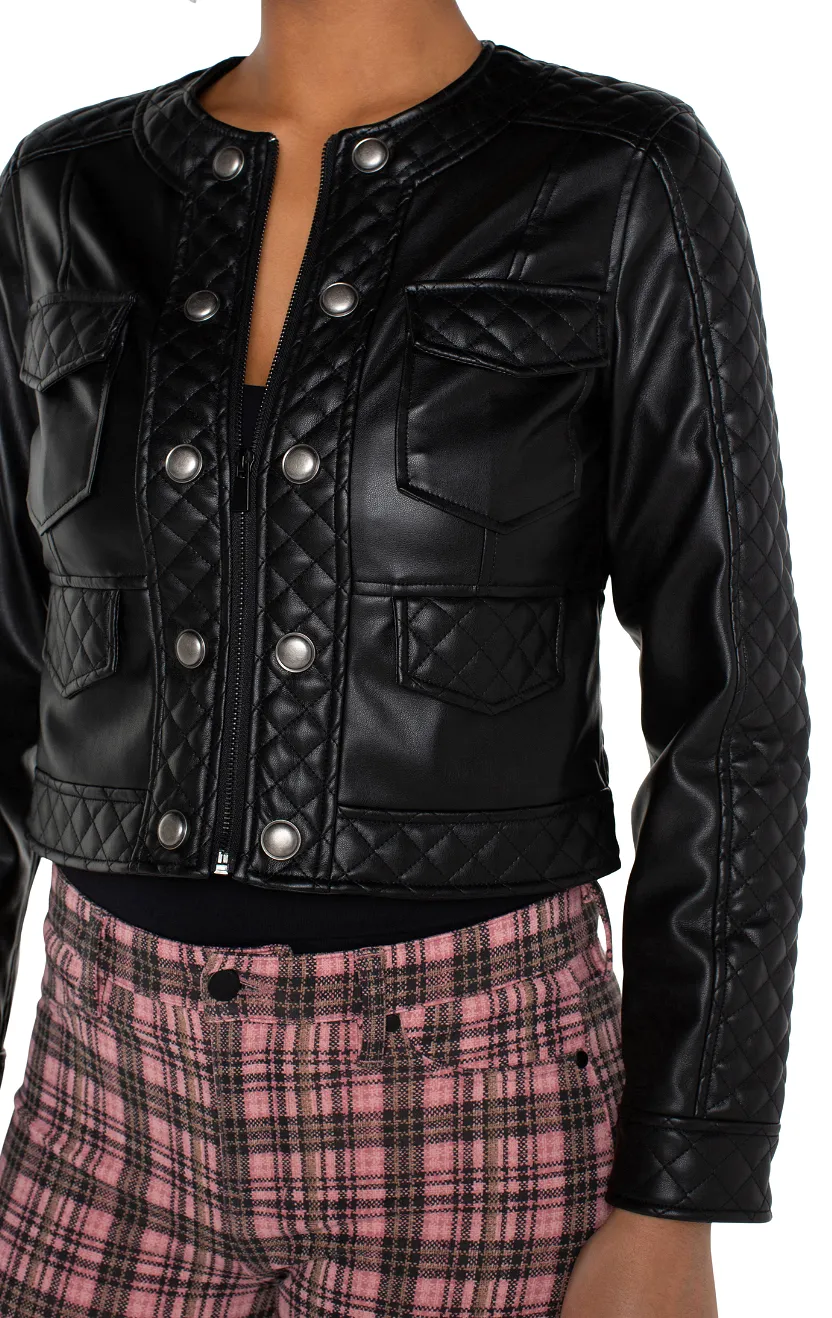 Scoop Neck Black Quilted Zip Jacket