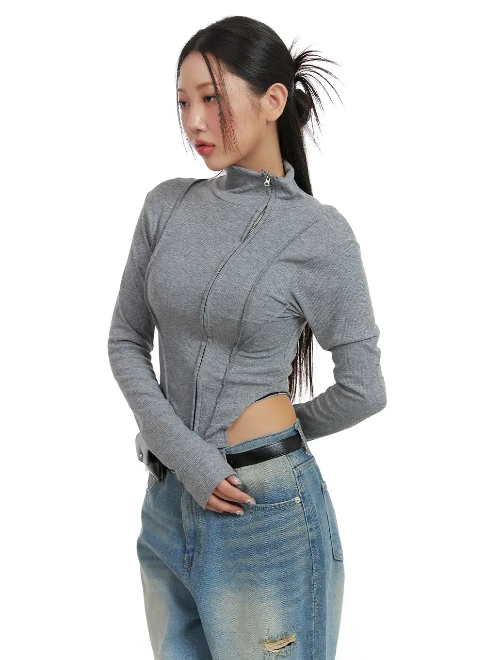 Side Zip-Up Turtle Neck Crop Top CA416