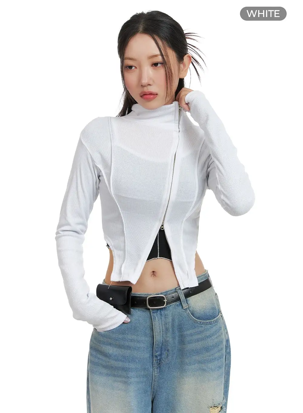 Side Zip-Up Turtle Neck Crop Top CA416