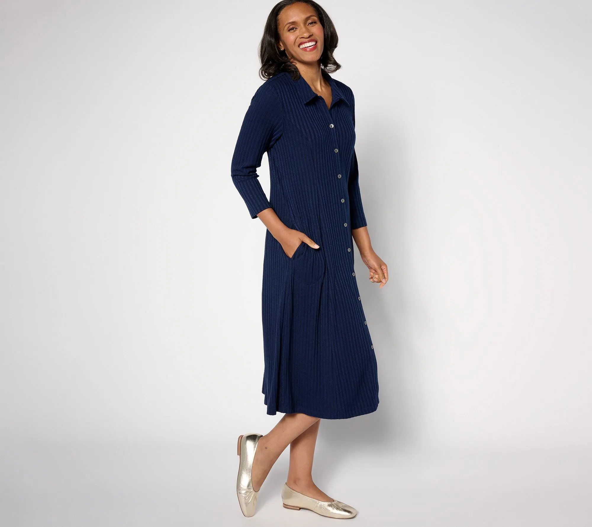 Susan Graver Pet Sweater Rib Knit 3/4 Sleeve Button-Front Midi Dress