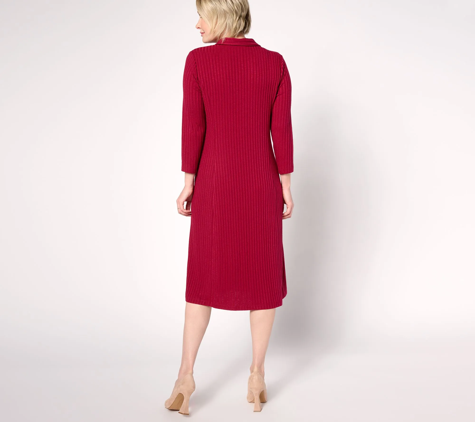 Susan Graver Pet Sweater Rib Knit 3/4 Sleeve Button-Front Midi Dress