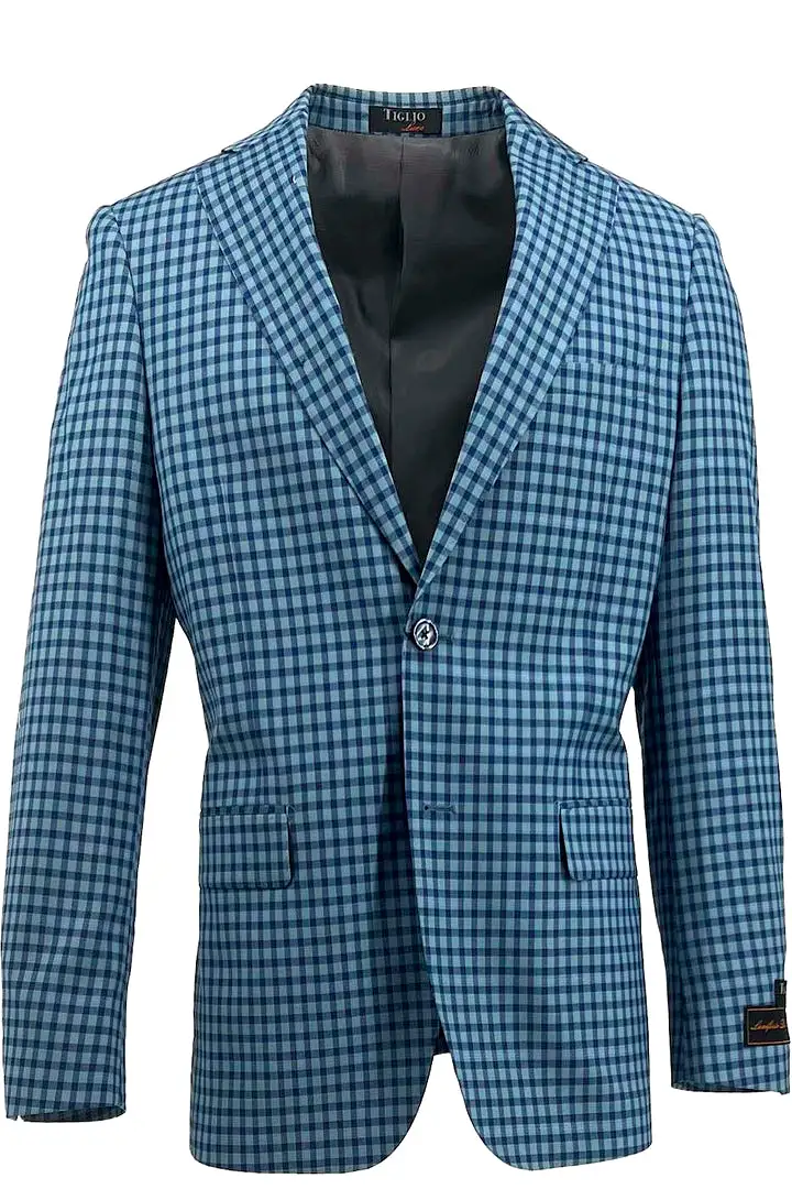 Tiglio Luxe Dolcetto Modern Fit, Pure Wool Jacket Cerulean and Navy Check TL2615