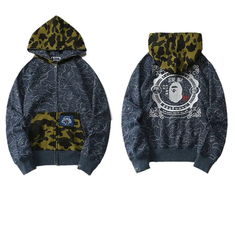 Top Quality Wholesale Ape Shark Camo Full Zipper Streetwear Outfit Hip Hop Sweatshirt Loose Cotton Unisex Hoodie