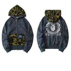 Top Quality Wholesale Ape Shark Camo Full Zipper Streetwear Outfit Hip Hop Sweatshirt Loose Cotton Unisex Hoodie