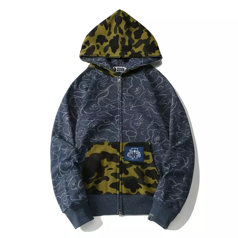 Top Quality Wholesale Ape Shark Camo Full Zipper Streetwear Outfit Hip Hop Sweatshirt Loose Cotton Unisex Hoodie