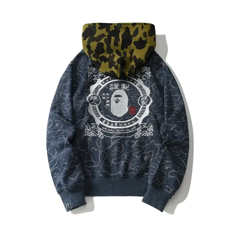 Top Quality Wholesale Ape Shark Camo Full Zipper Streetwear Outfit Hip Hop Sweatshirt Loose Cotton Unisex Hoodie