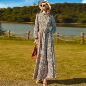 Turn-down Collar Printed Flower Dress Long Sleeve Women Ball Gown