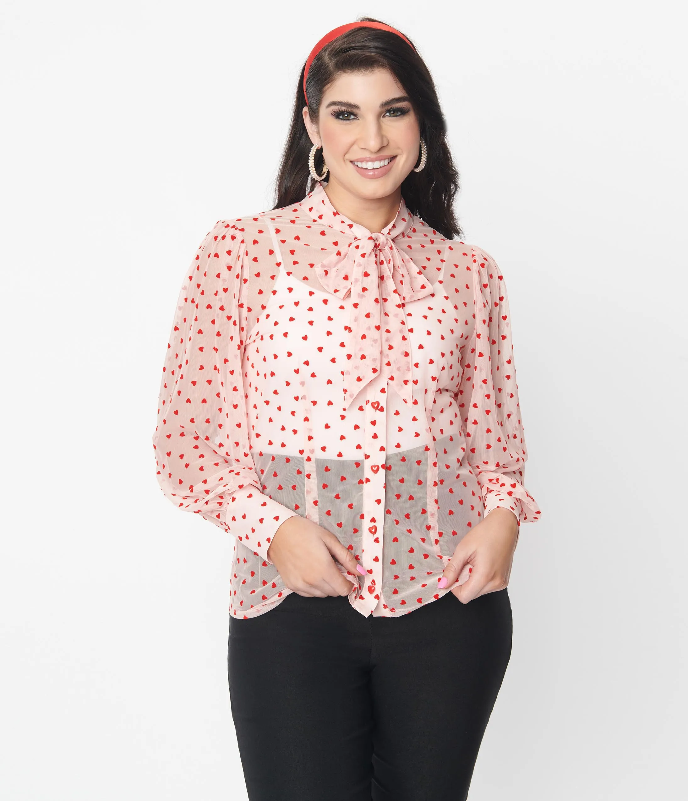 Unique Vintage Pink & Red Hearts Gwen Blouse