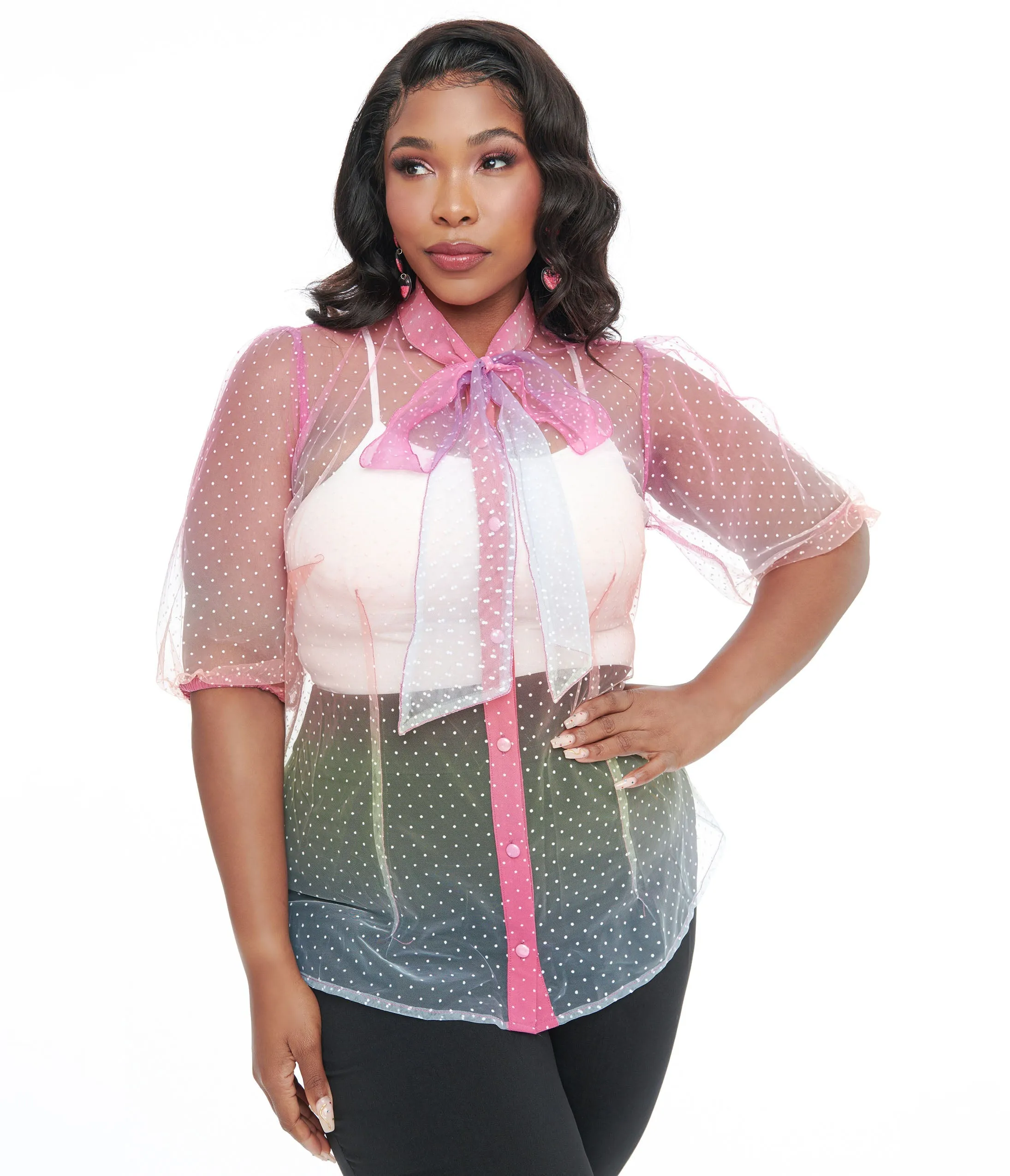 Unique Vintage Plus Size 1940s Sheer Rainbow Clip Dot Tie Neck Gwen Blouse