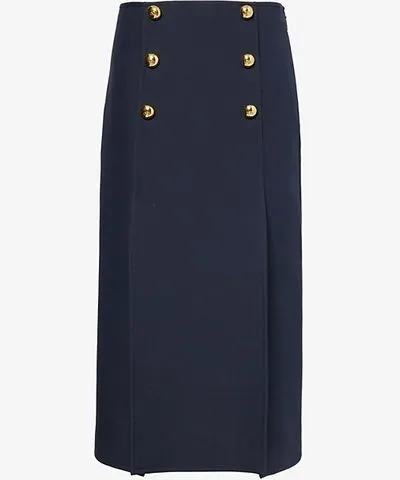 Valentino Garavani Womens Navy Crepe buttons-embellishment wool and silk-blend midi skirt