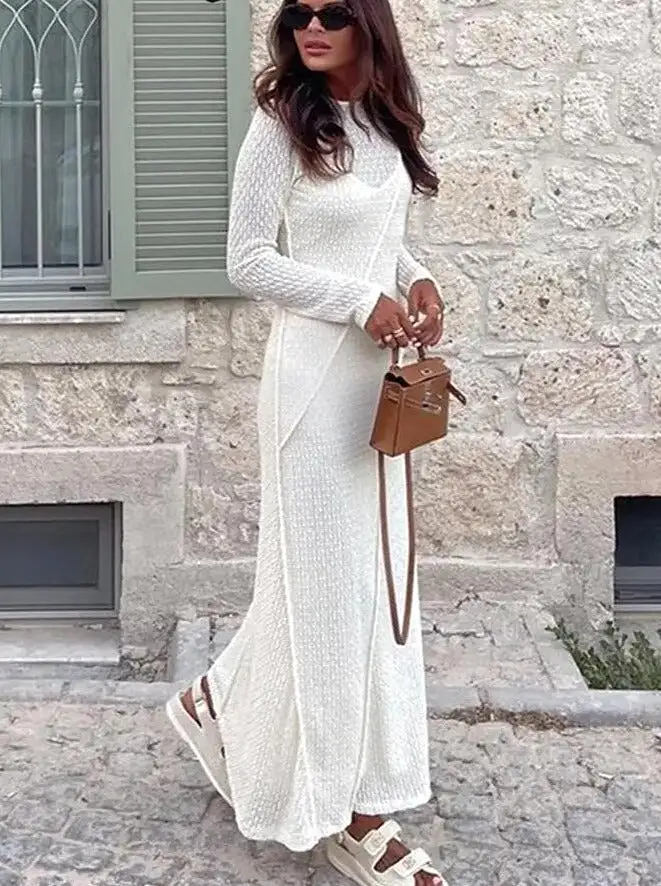 Women Dress Knitted Hollow Out  Pleated Long Sleeve Elegant Slim Female Dresses