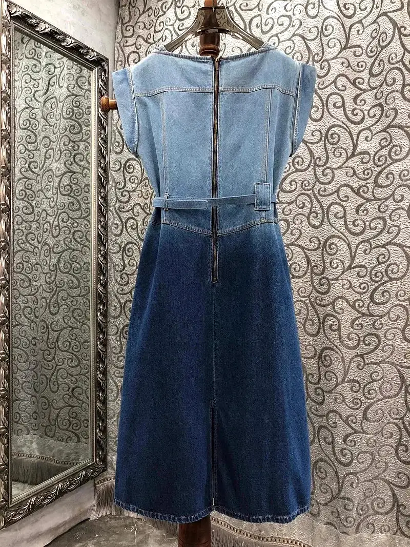 Womens Gradient Denim Dresses 100% Cotton Denim Dress 2024 Summer Luxury Design