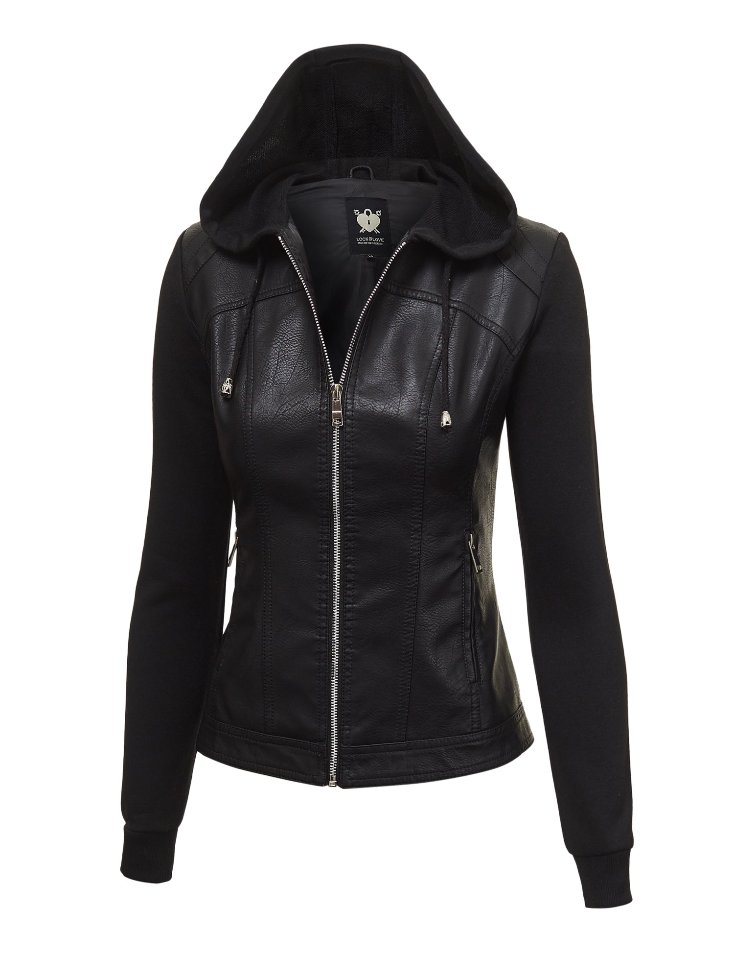 Womens Lock & Love Faux Leather Full Zip Hoodie Sweatshirt Jacket