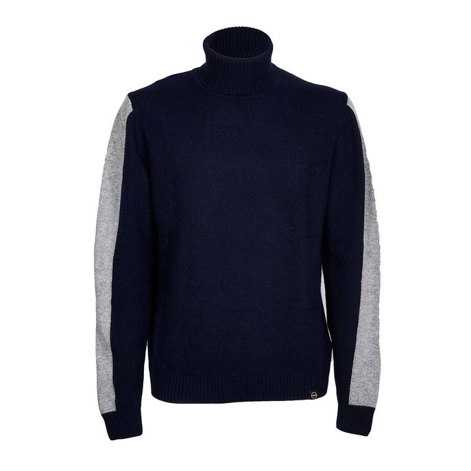 WOOL BLEND TURTLENECK SWEATER WITH CONTRAST BANDS Man Blue Grey