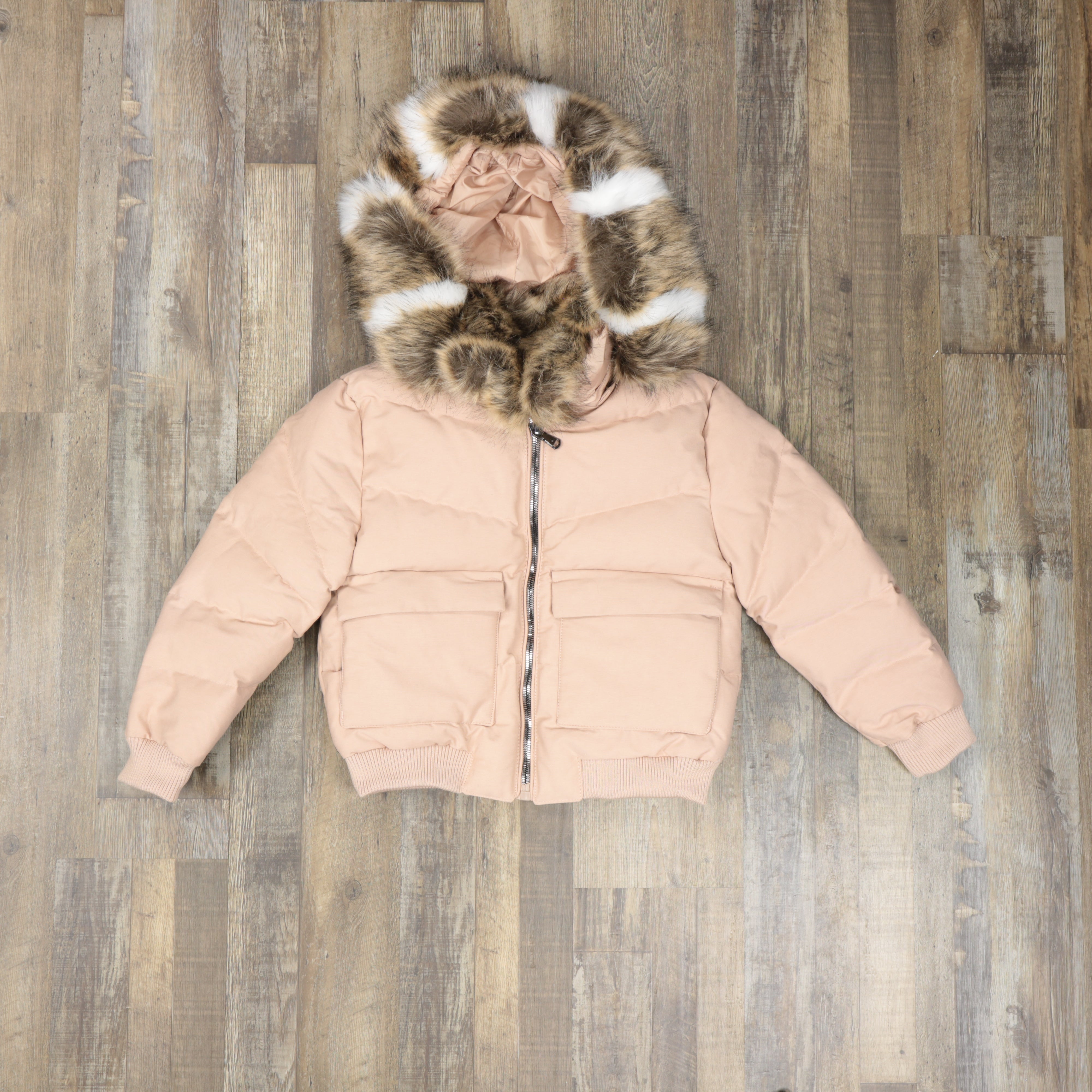 Youth Dusty Rose Bubble Puffer Parka Jacket With Removable Faux Fur Hood (Vegan Fur)